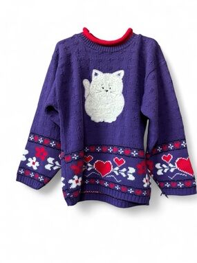 Vintage 90’s Purple Sweater with White Cat and Red Heart Accents
